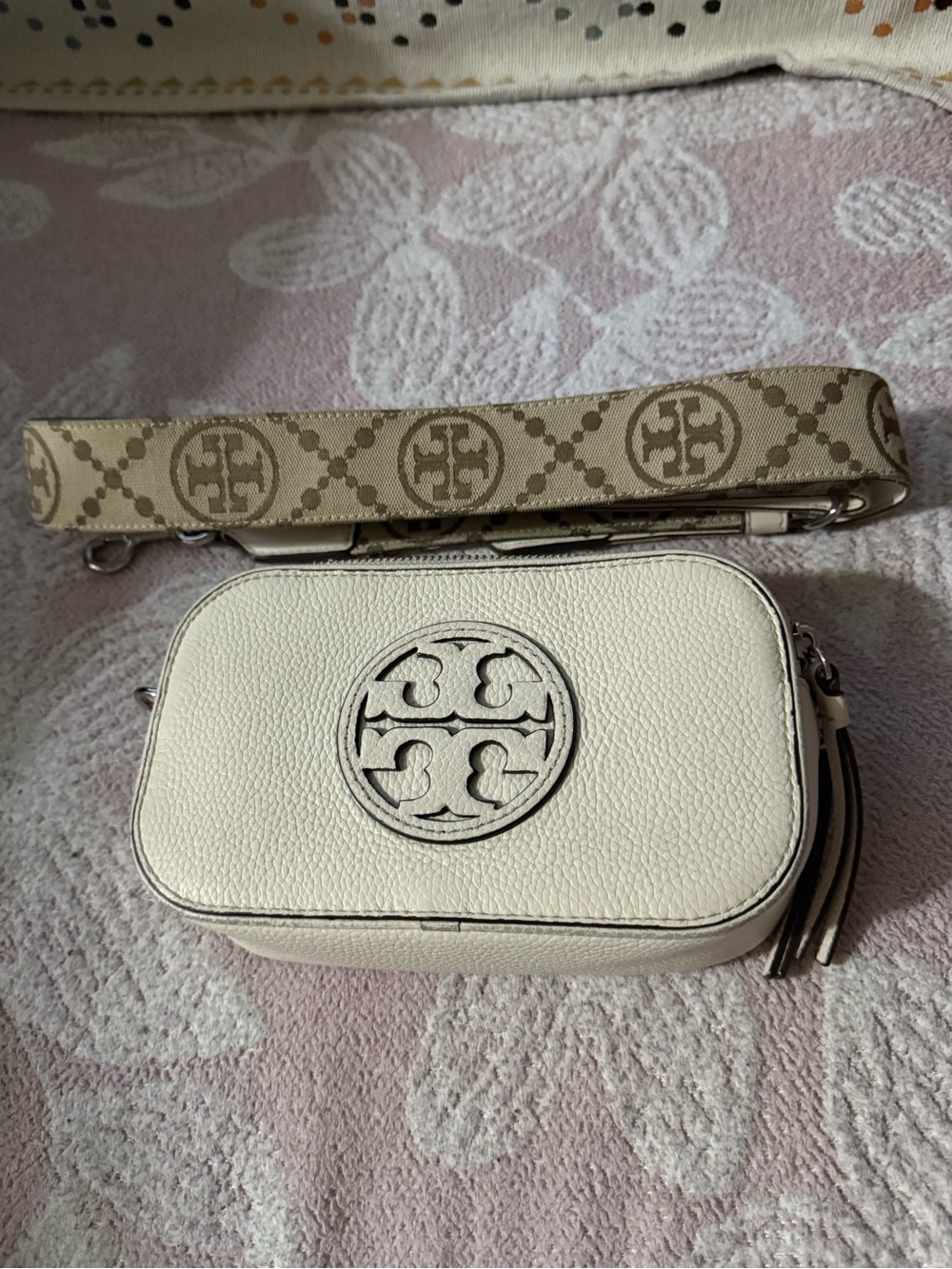 Tory Burch Ivory Leather Crossbody Camera Bag with Logo Strap